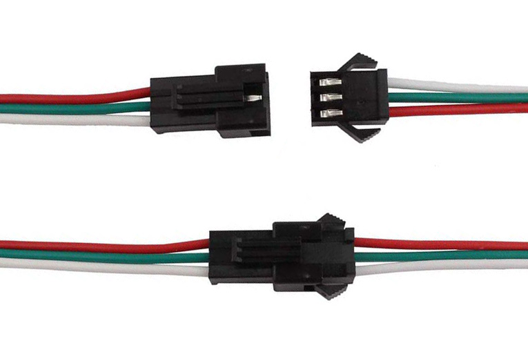 The LEDs have male/female connectors for connecting to MAINFRAME and for chaining.